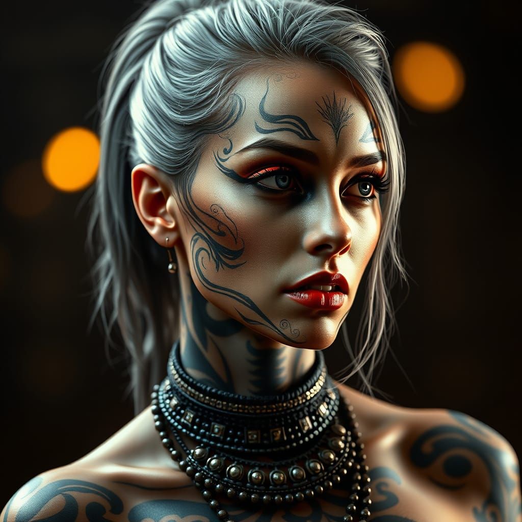 Woman with Tribal Tattoos in Photorealistic Digital Painting