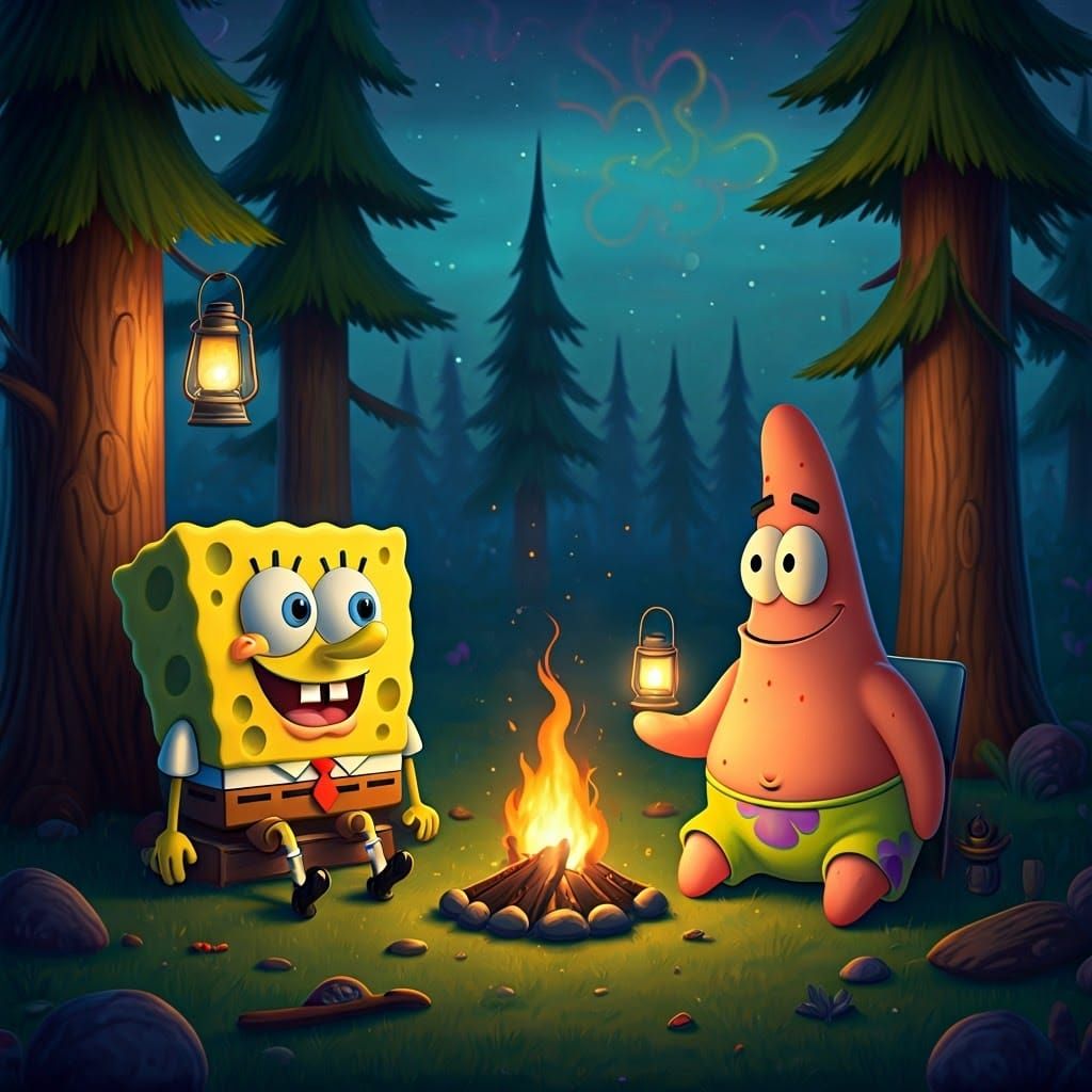 SpongeBob and Patrick Camping: Pixar-Style Digital Art