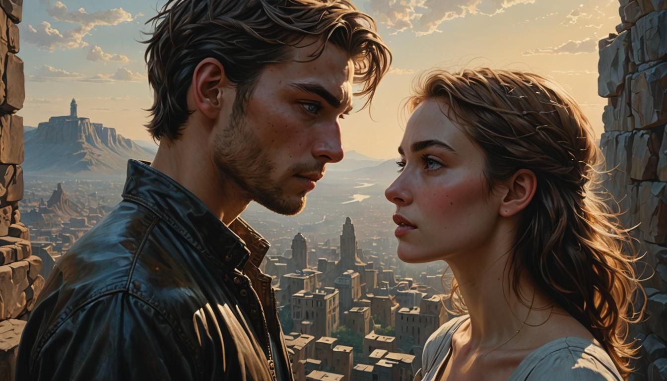 Hyperrealistic Couple's Kiss on the Edge of Destiny