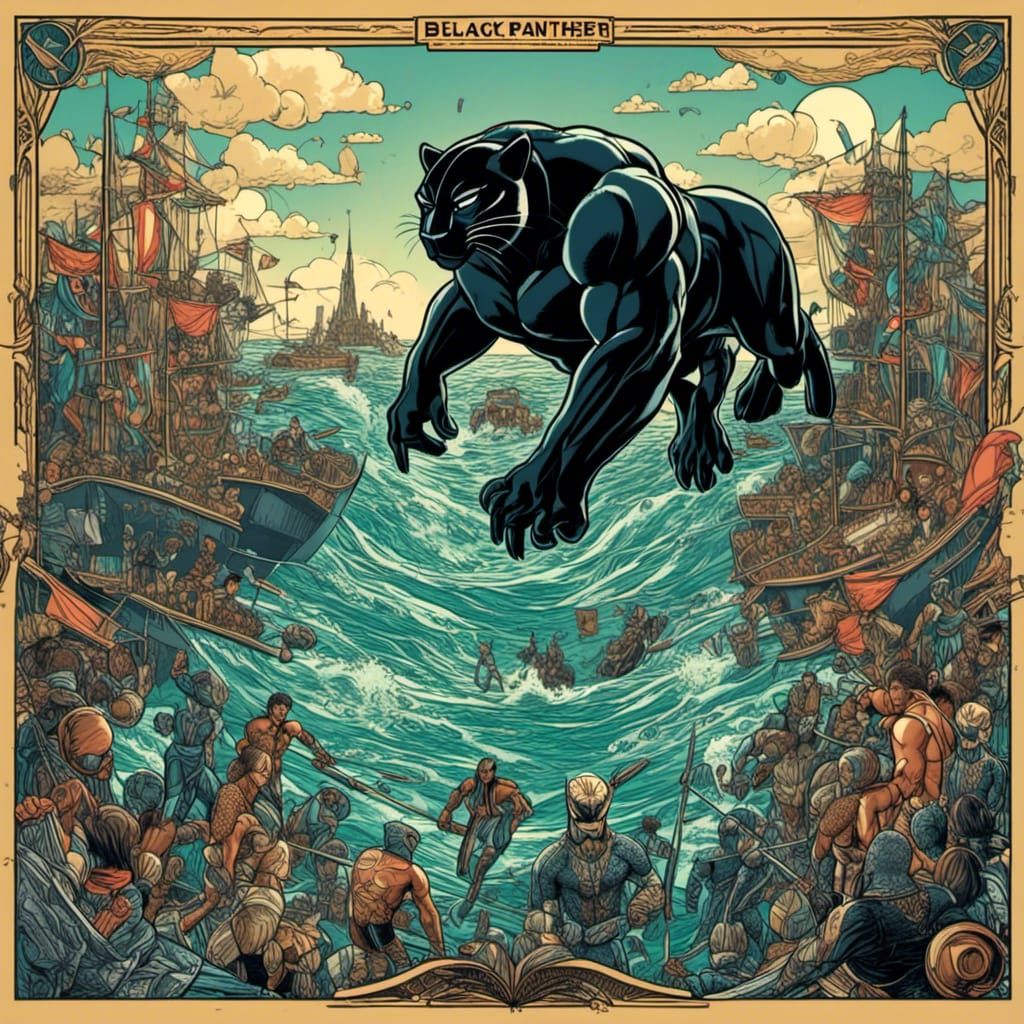 Black Panther in Water: Comic Book Style Scene