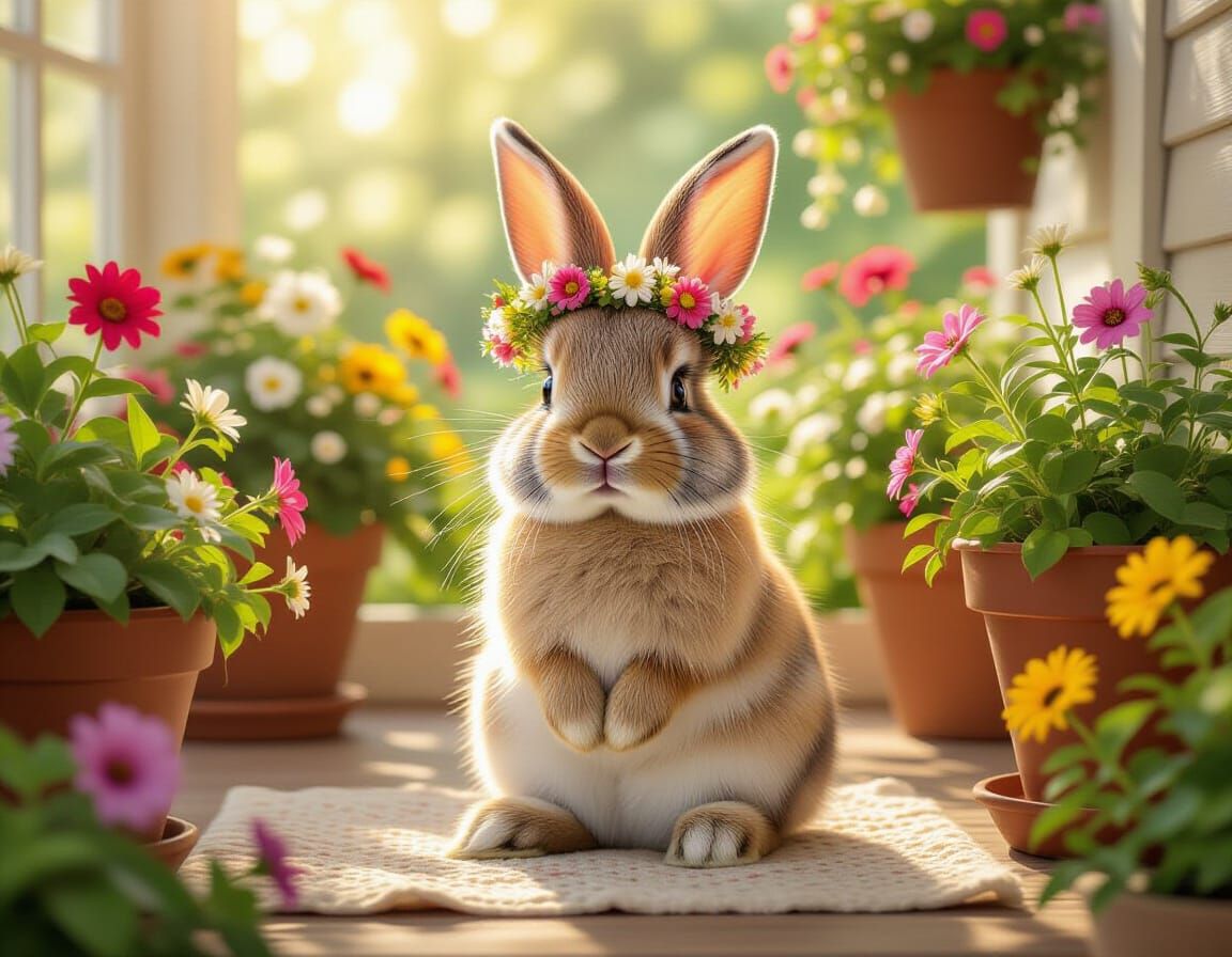 Rabbit with Flower Crown on Sunny Porch