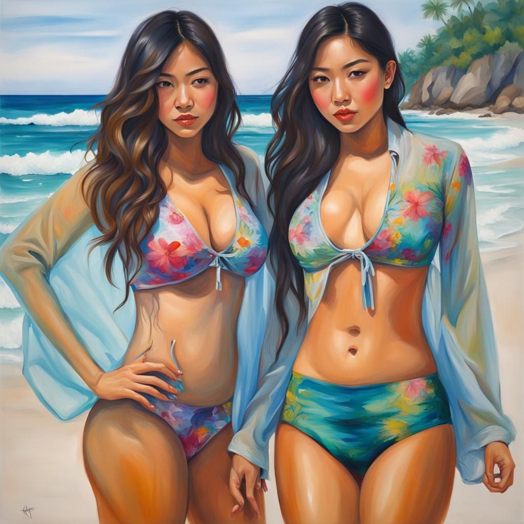 Beach Scene of Women in Acrylic Painting Style