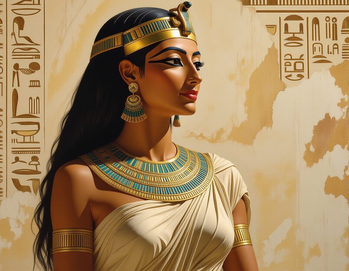 Ancient Egyptian Woman Adorned in Gold, Renaissance Fresco S...