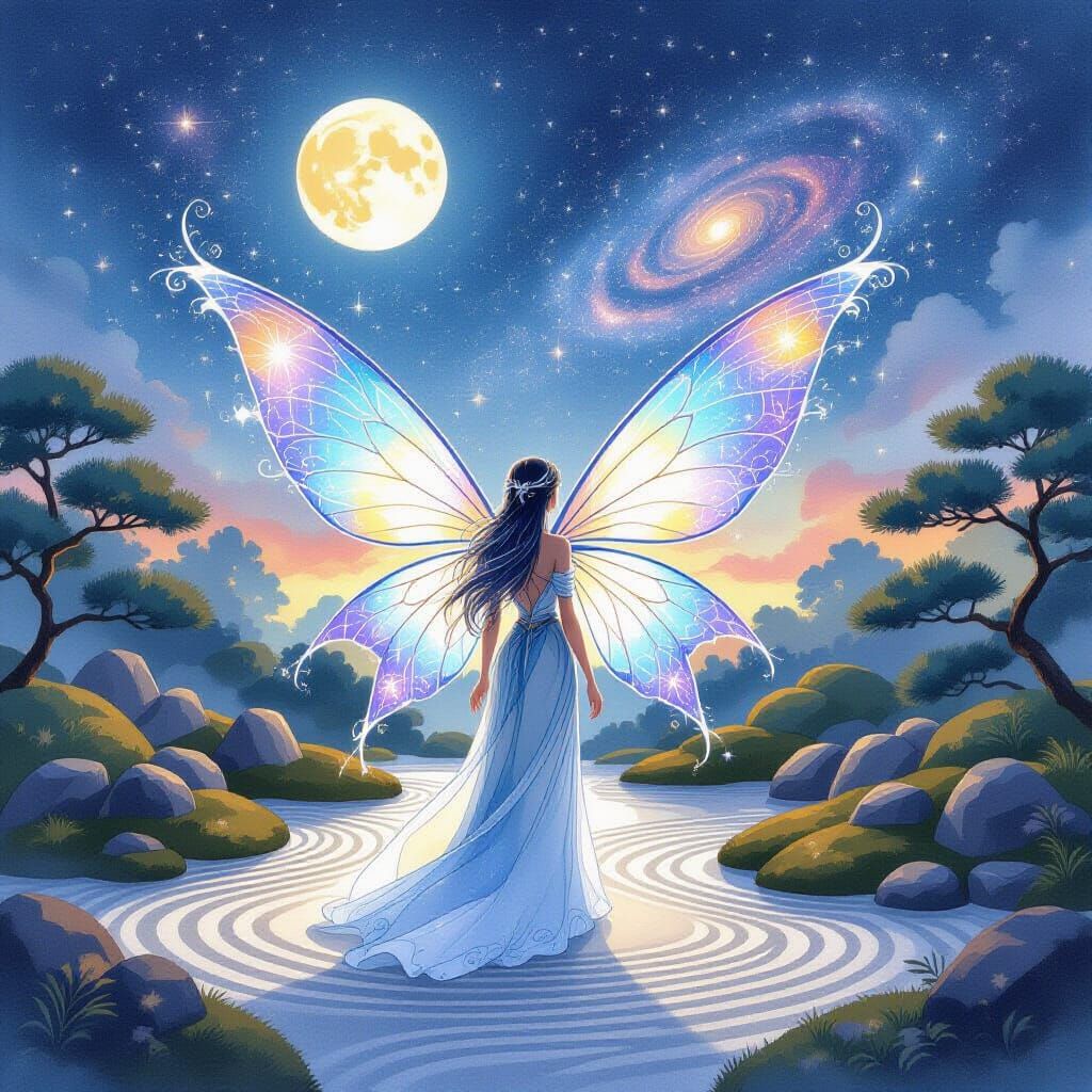 Moon Fairy in Zen Garden, Watercolor Style