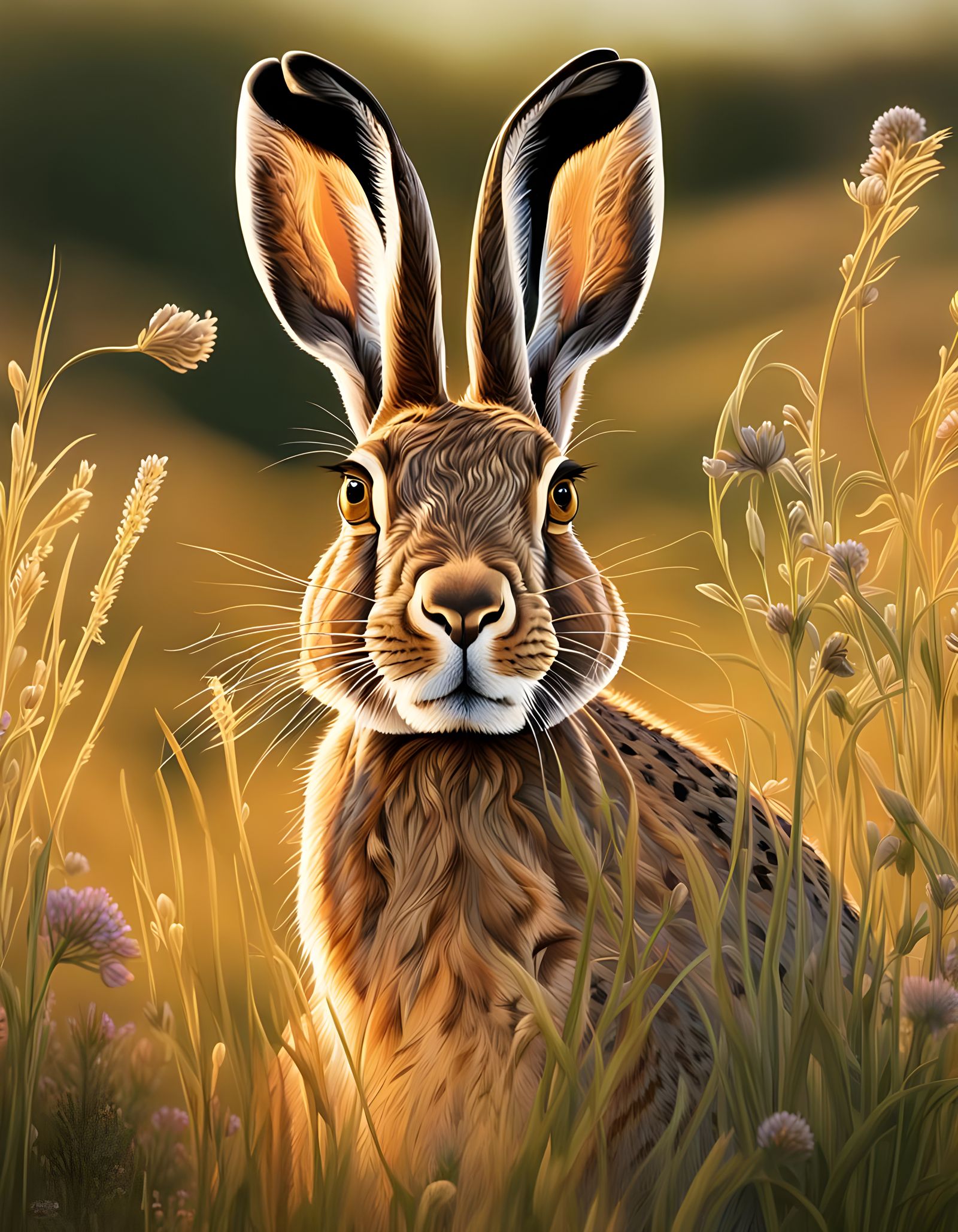 Victorian Style Brown Hare in Wildflower Meadow