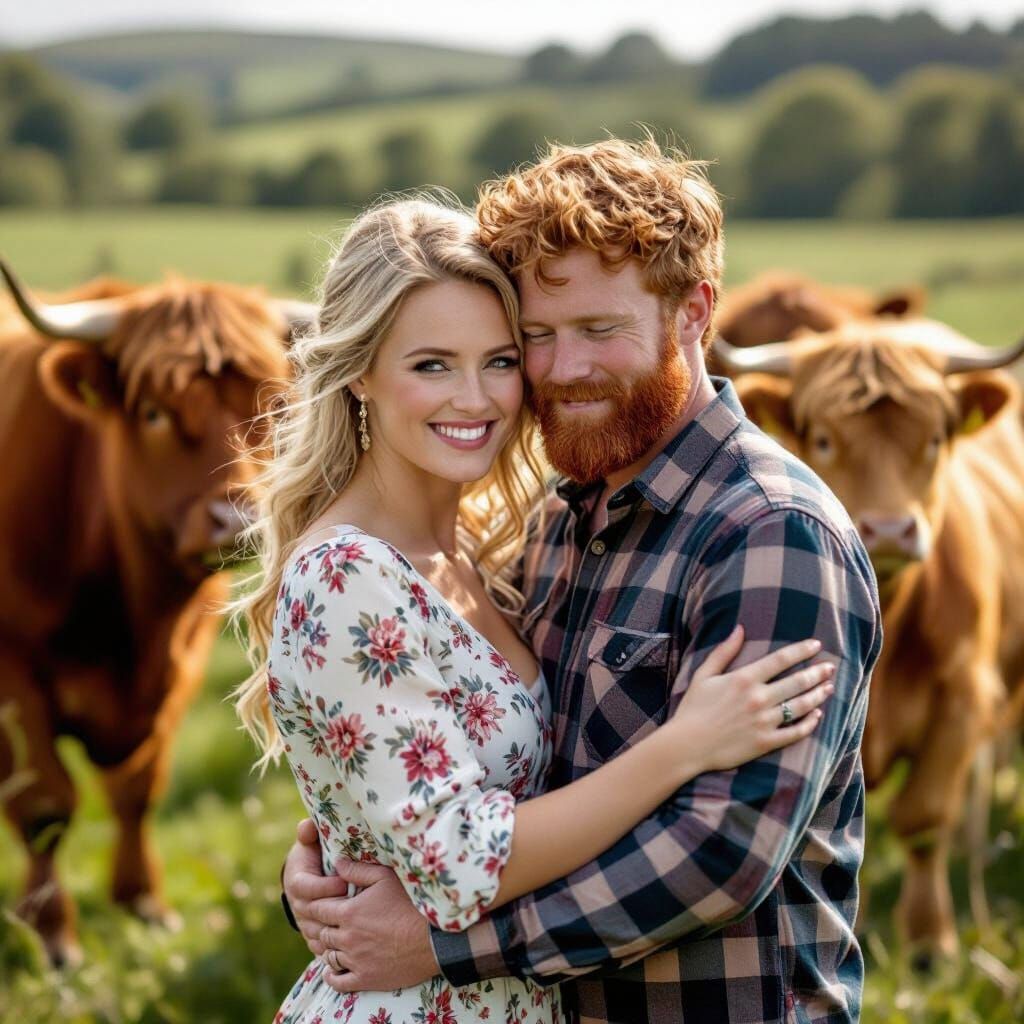 Romantic Farm Embrace with Highland Cattle, Rustic Style