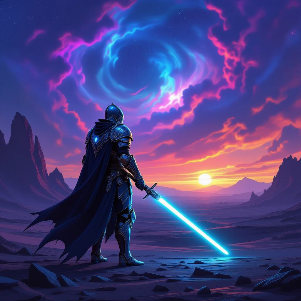 Lone Knight on Alien Planet with Glowing Lightsaber