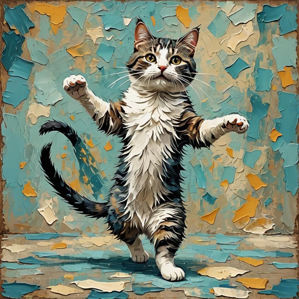 Dancing Cat with Impasto Oil and Grunge Effects