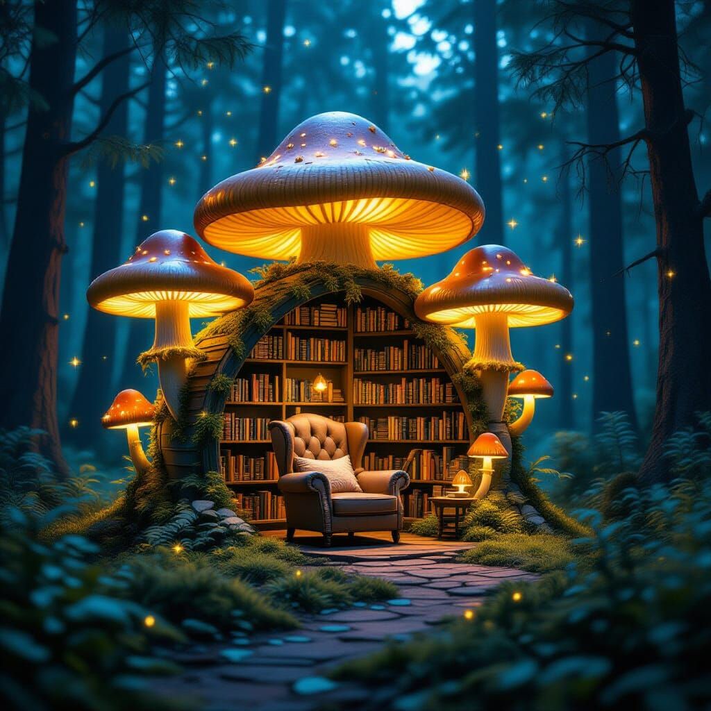 Glowing Mushroom Library in Dark Forest Clearing