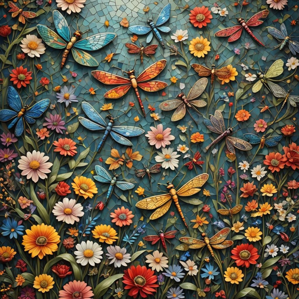 Colorful Dragonfly and Flowers in Mosaic Style