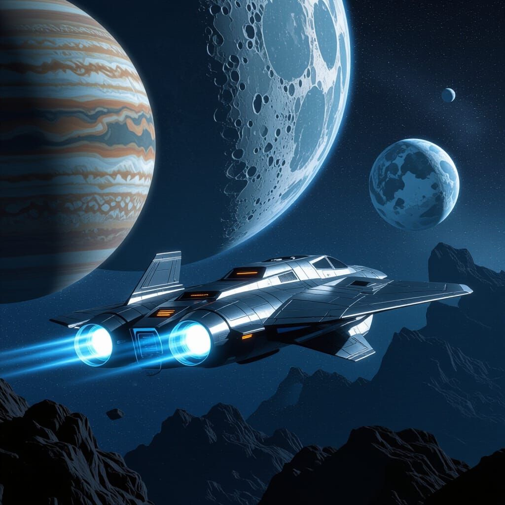 Spaceship Approaches Asteroid Belt in Retro Sci-Fi Style