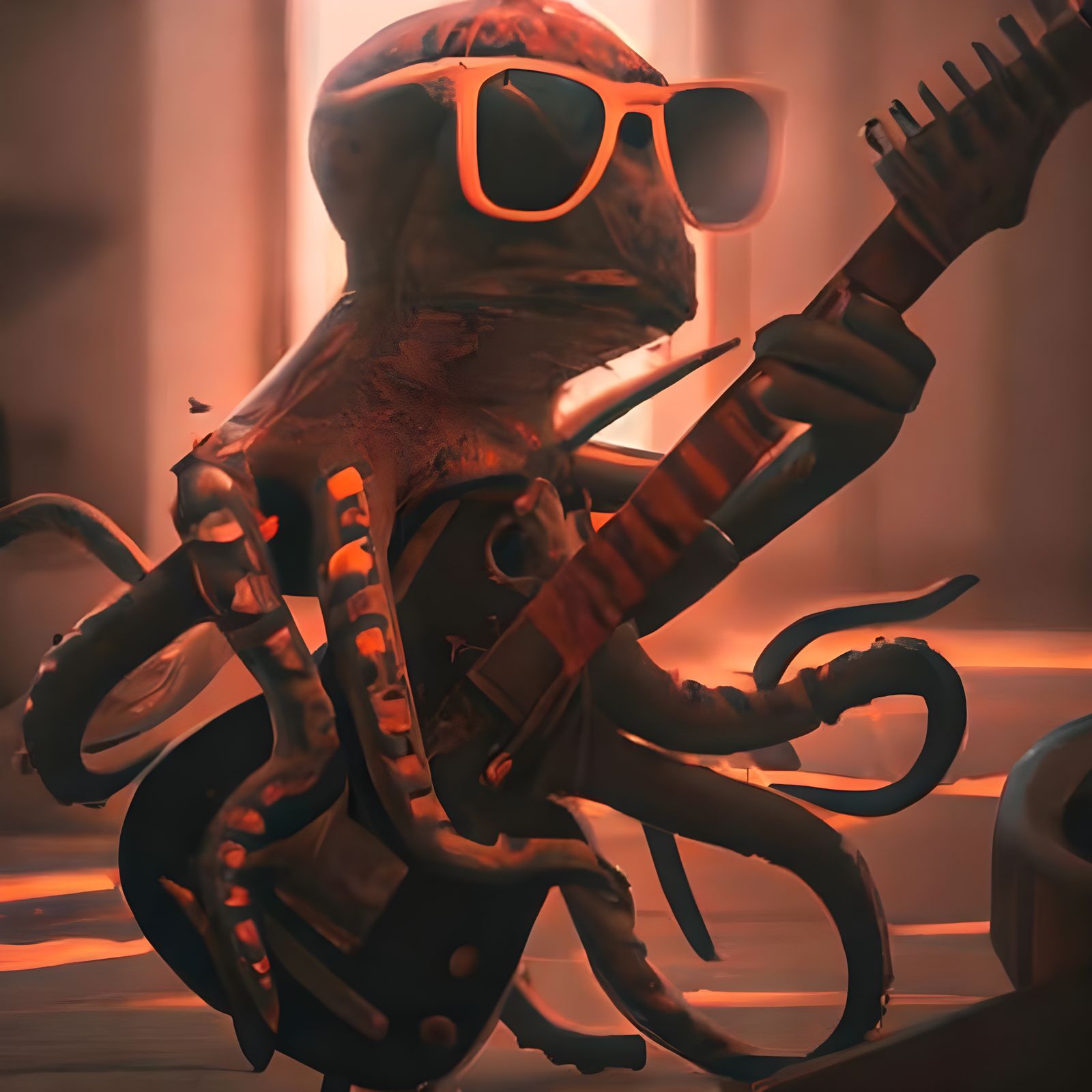 Cool Octopus Plays Guitar in Cinematic Digital Art
