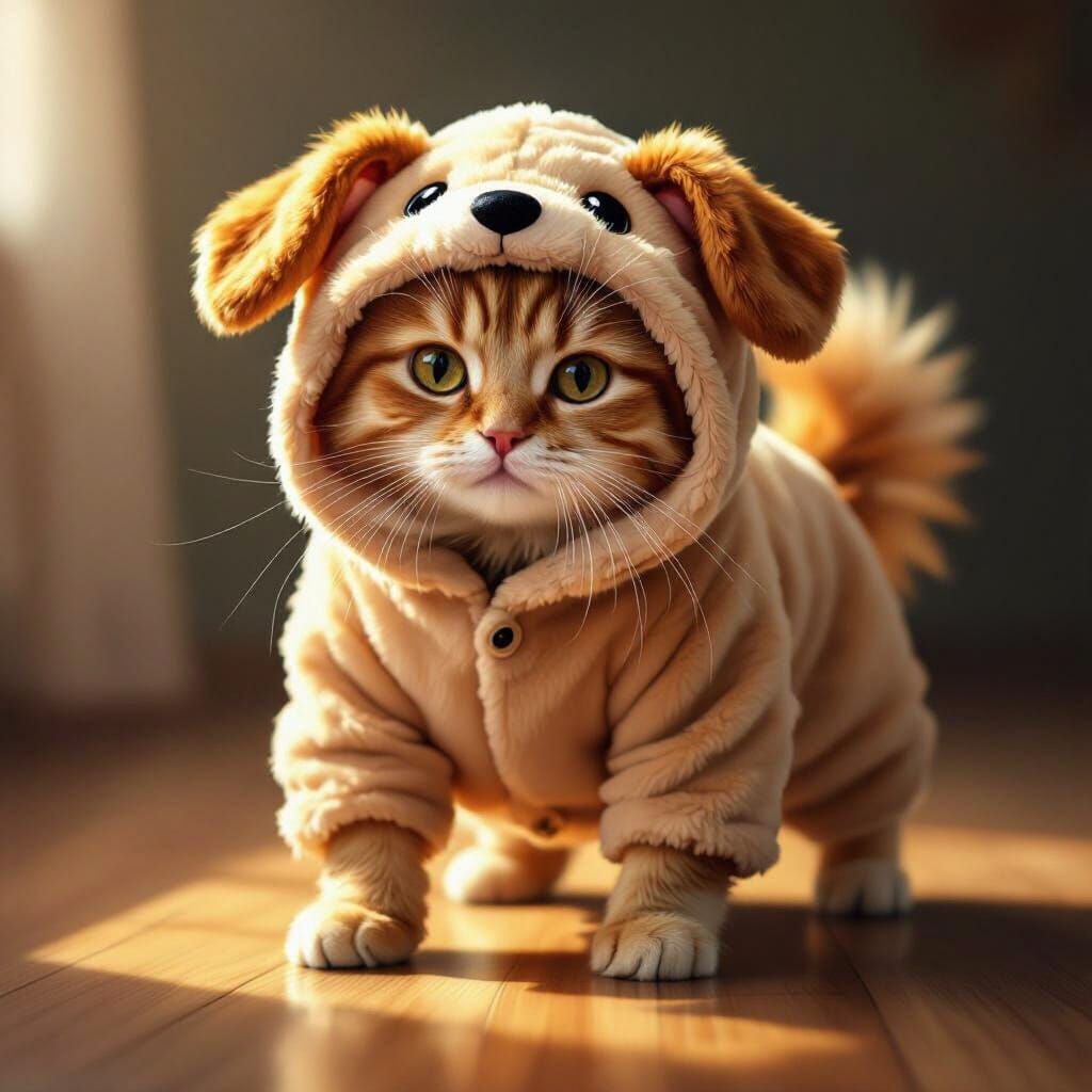 Fluffy Cat in Silly Dog Costume