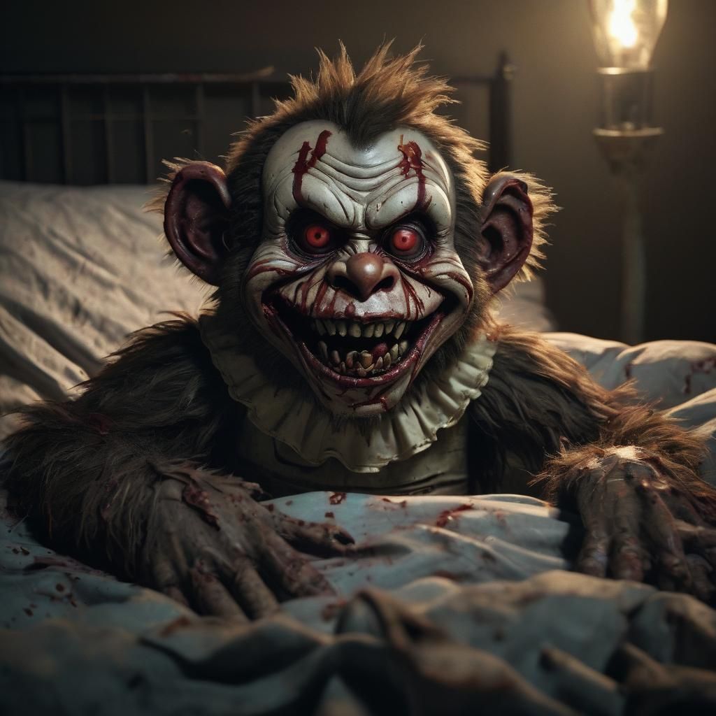 Zombie Monkey Clown Teddy Bear in Child's Bed