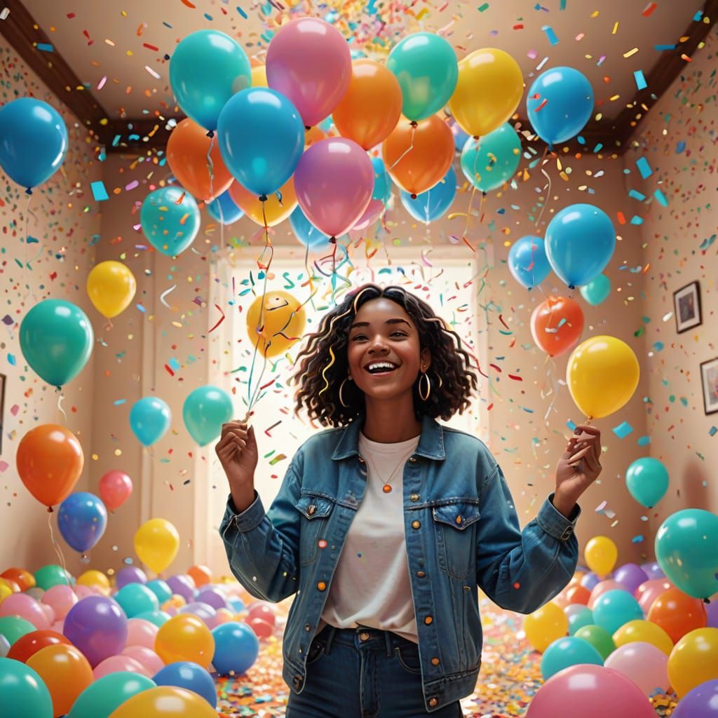 Joyful Influencer Surrounded by Whimsical Balloons in Bright...
