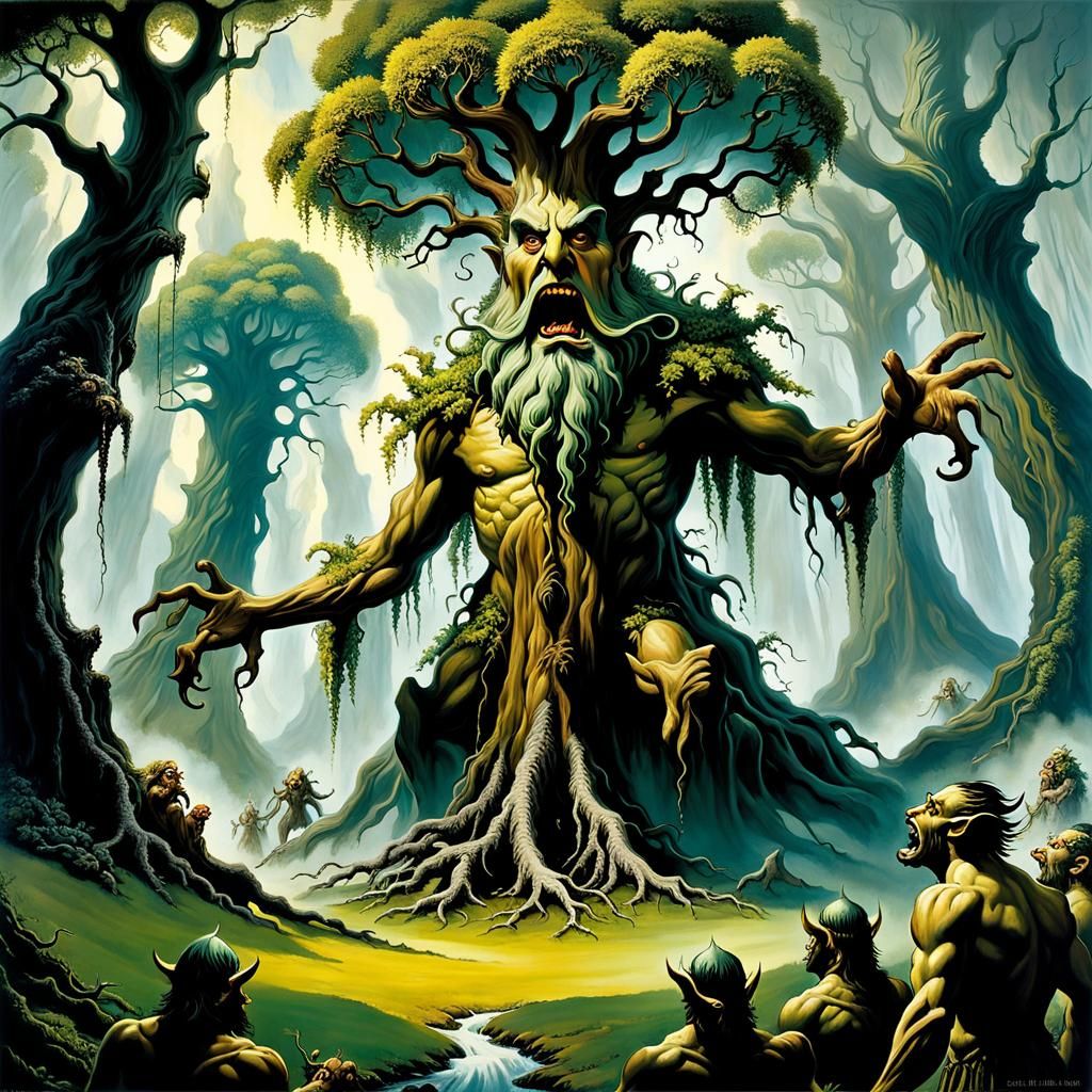 Treebeard Attacks Orcs: Surreal Fantasy Art