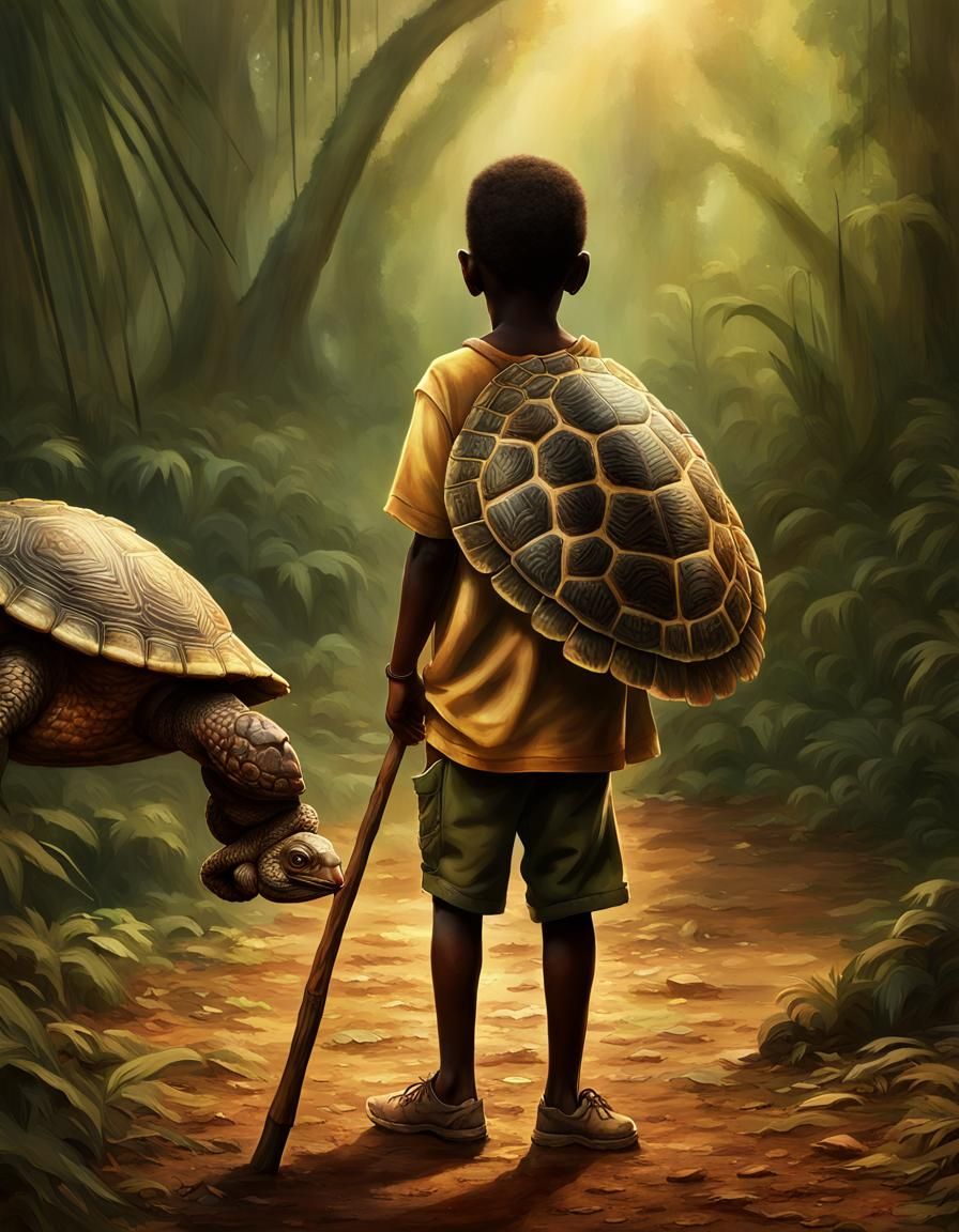 African Child with Turtle Shell in Jungle, Digital Art