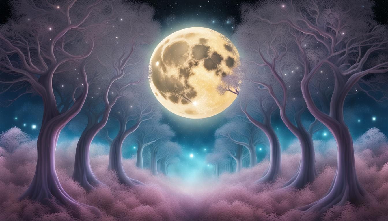 Glowing Moon Behind Arabesque Forest in Galactic Space