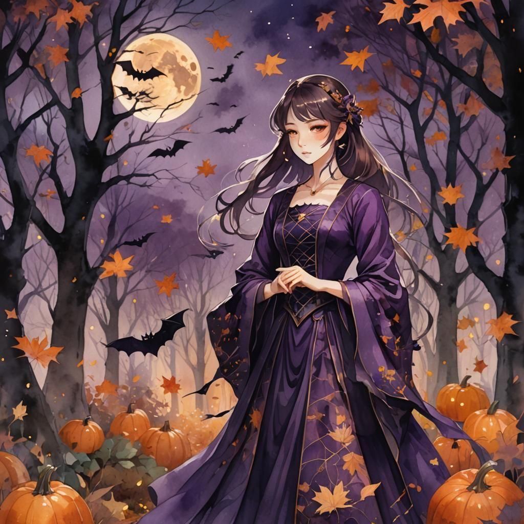 Enchanting Purple Witch in Autumn Garden