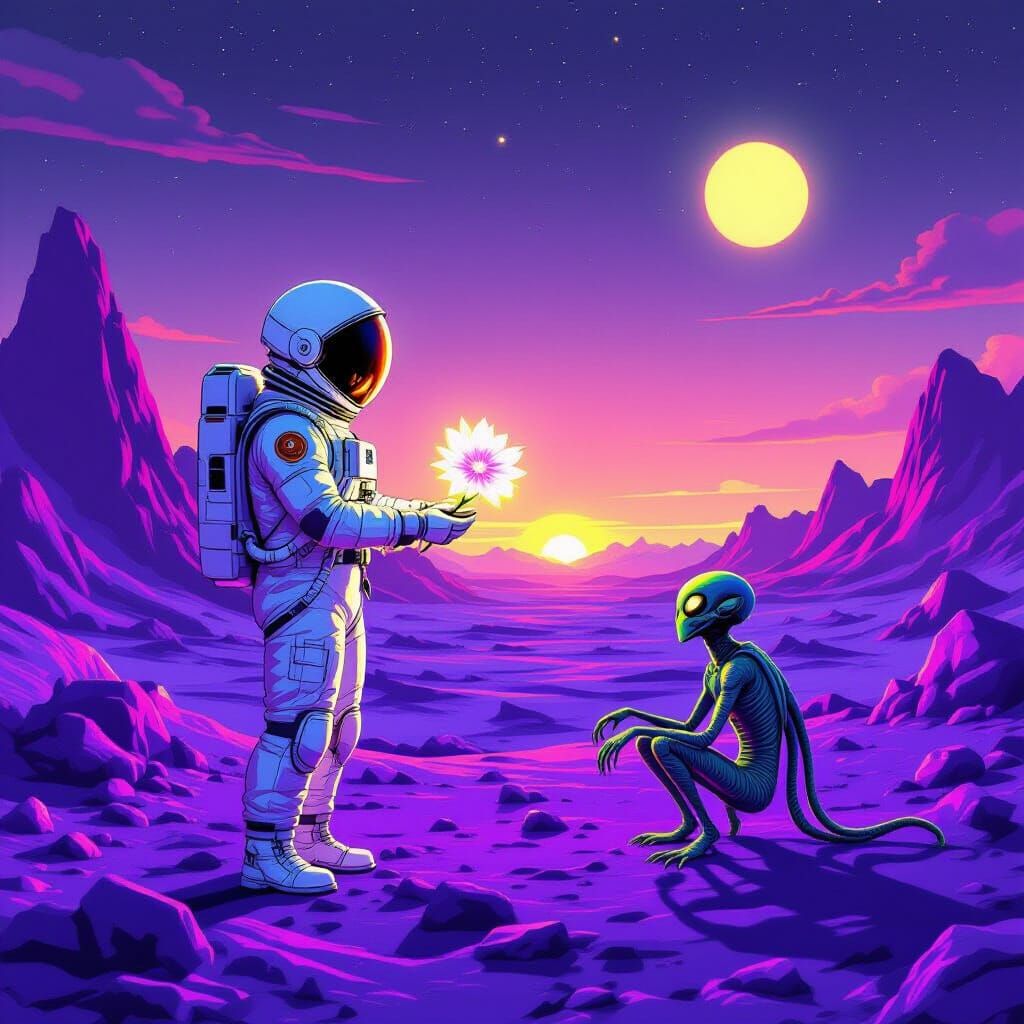 Astronaut Gifts Alien Flower on Crystal Planet