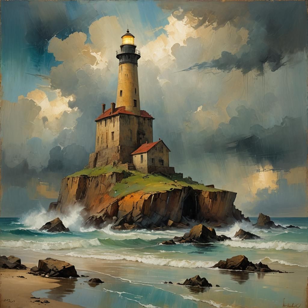 Surreal Lighthouse Rock: Dystopian Oil Painting