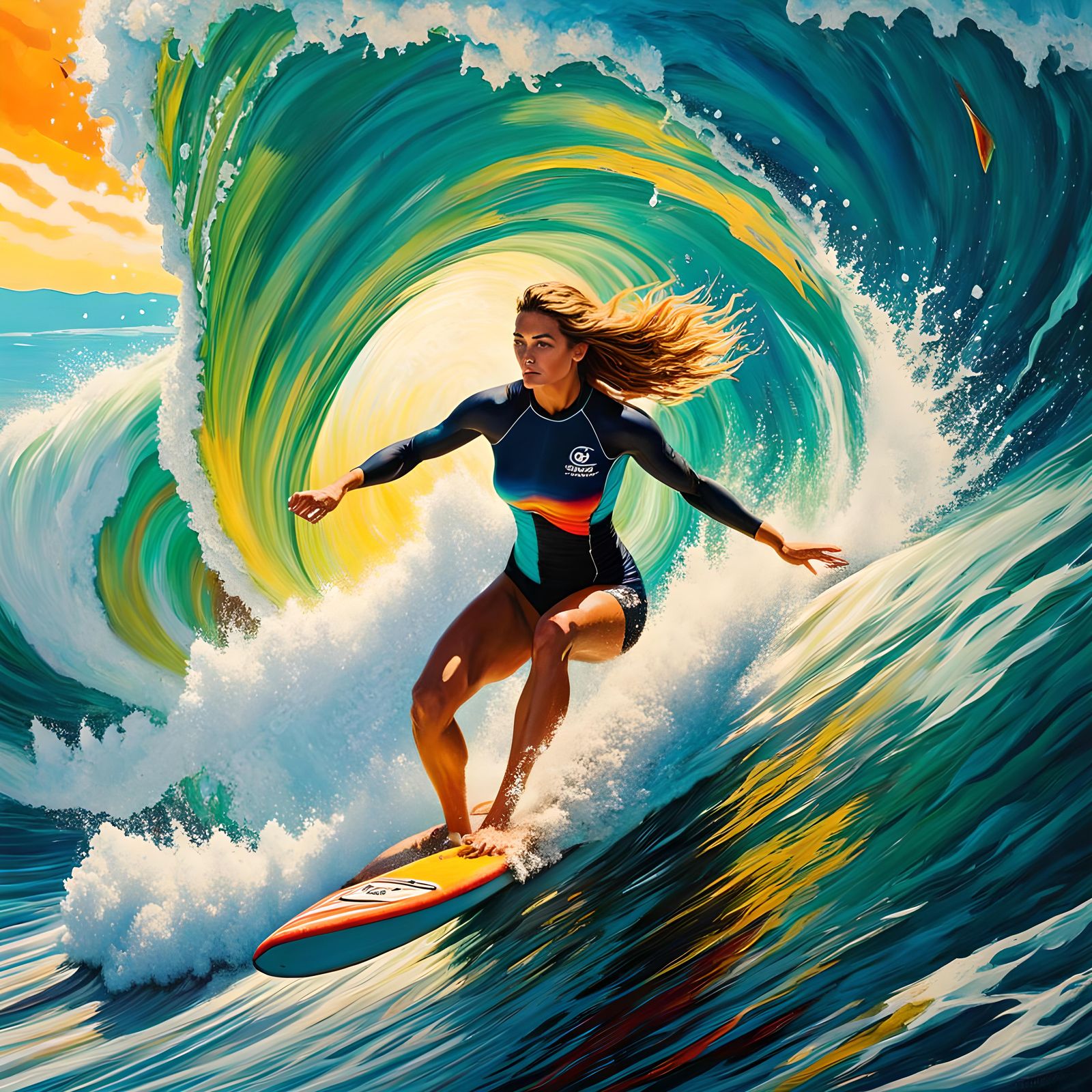 Young Woman Surfer Rides a Big Wave as Impasto Painting