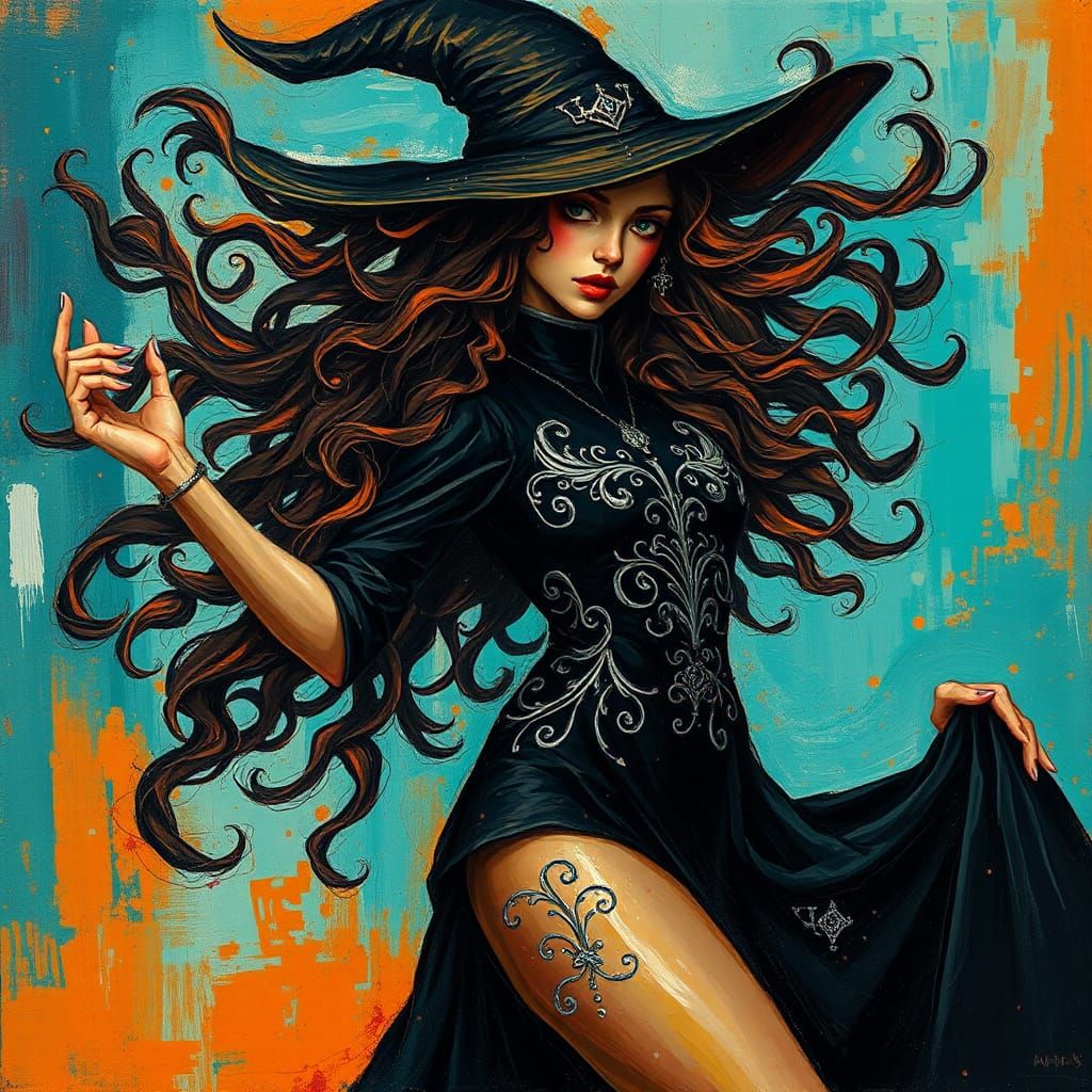 Mystical Witch with Flowing Dress in Abstract Style