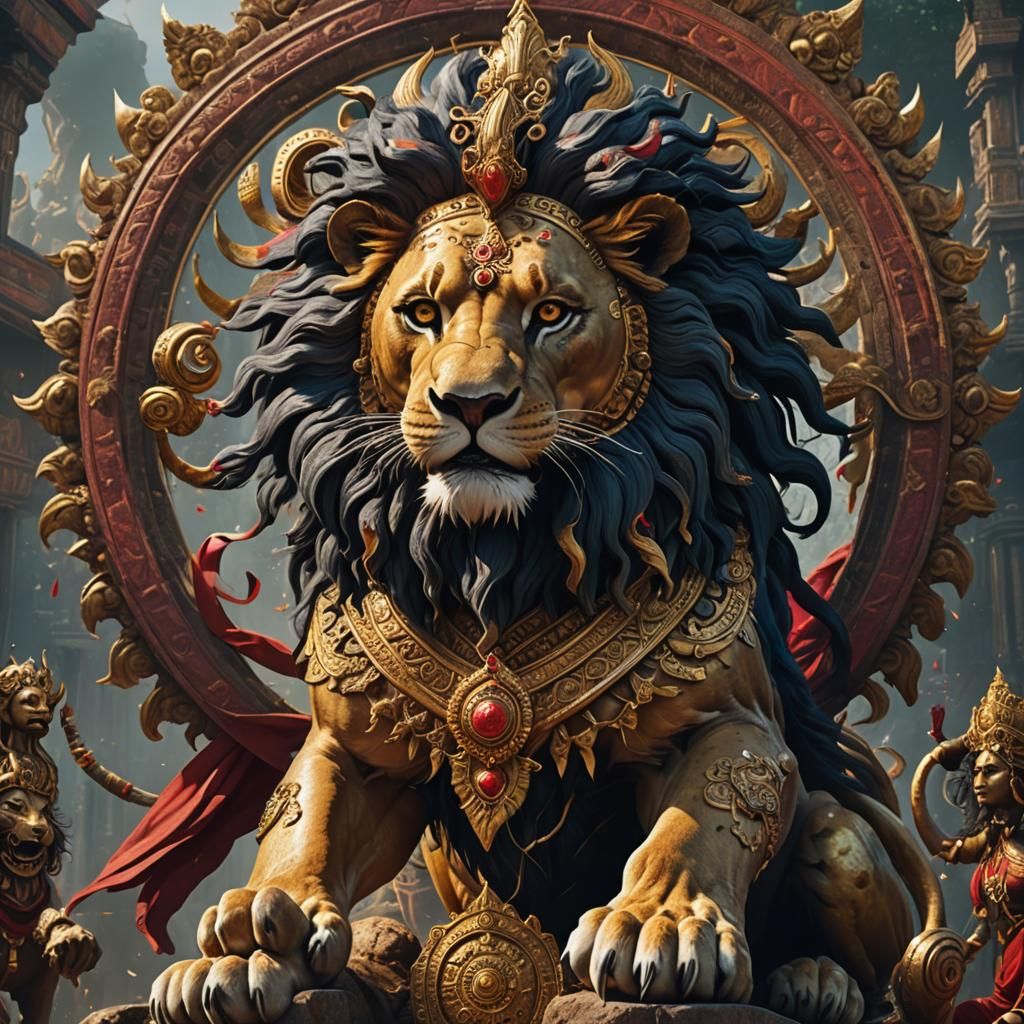 Goddess Durga's Lion: Detailed Matte Painting