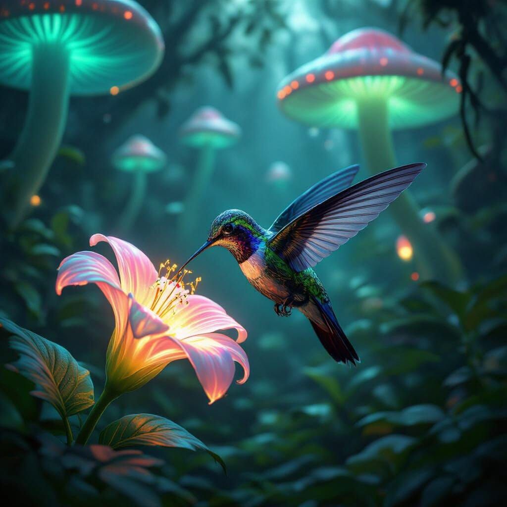 Robotic Hummingbird Sips Nectar in Bioluminescent Jungle