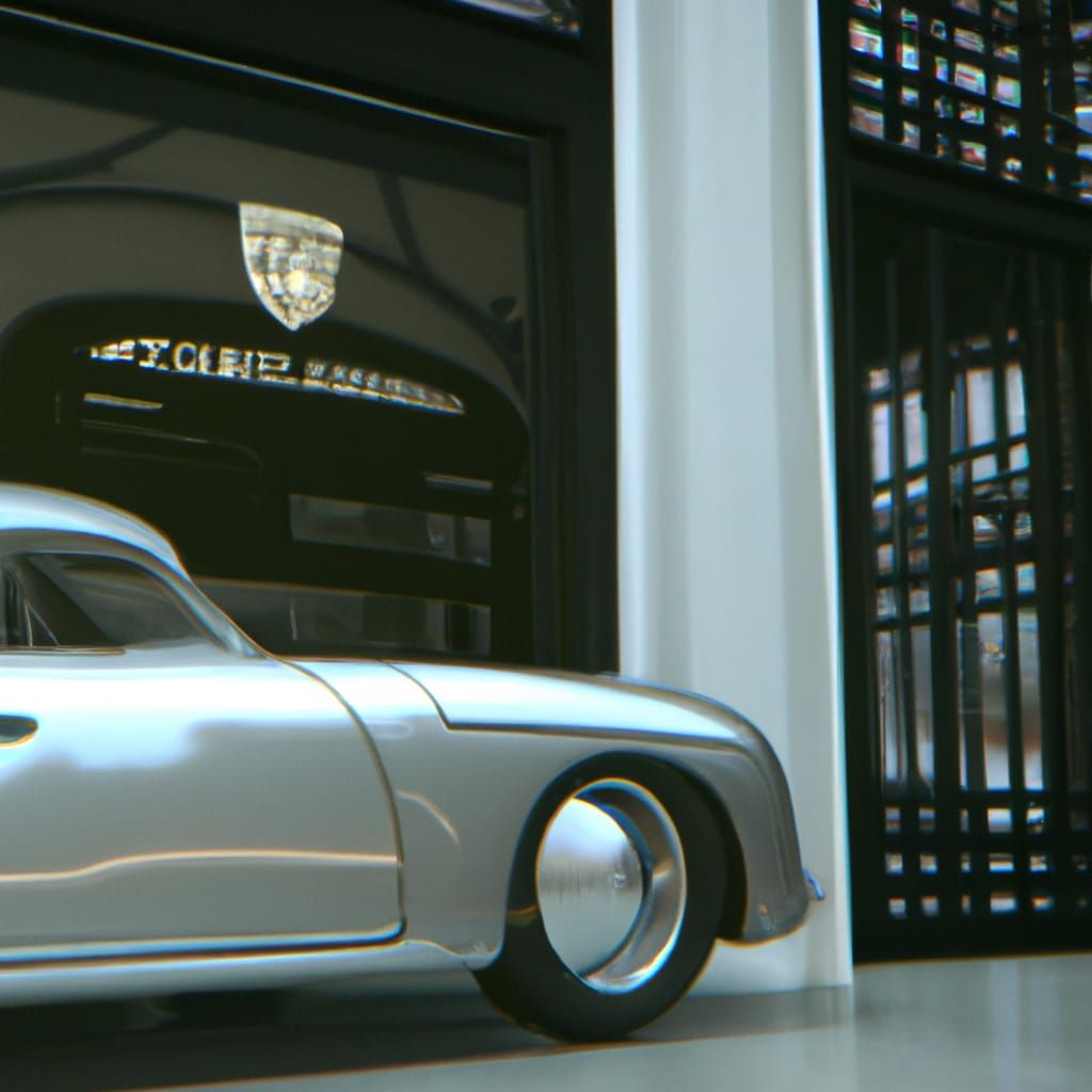 AI Chip Company Lobby with 1950s Porsche, Digital Art
