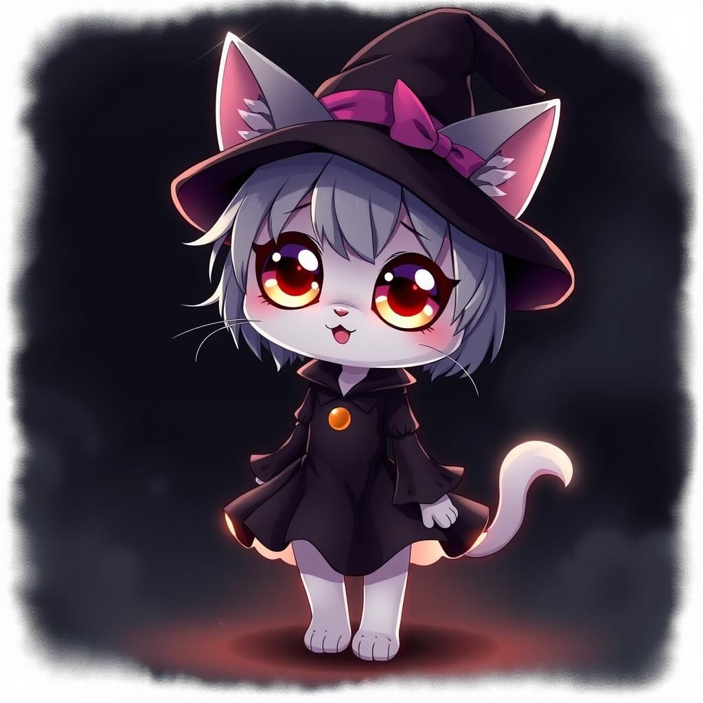 Spooky Cute Anime Catgirl Witch with Glowing Eyes