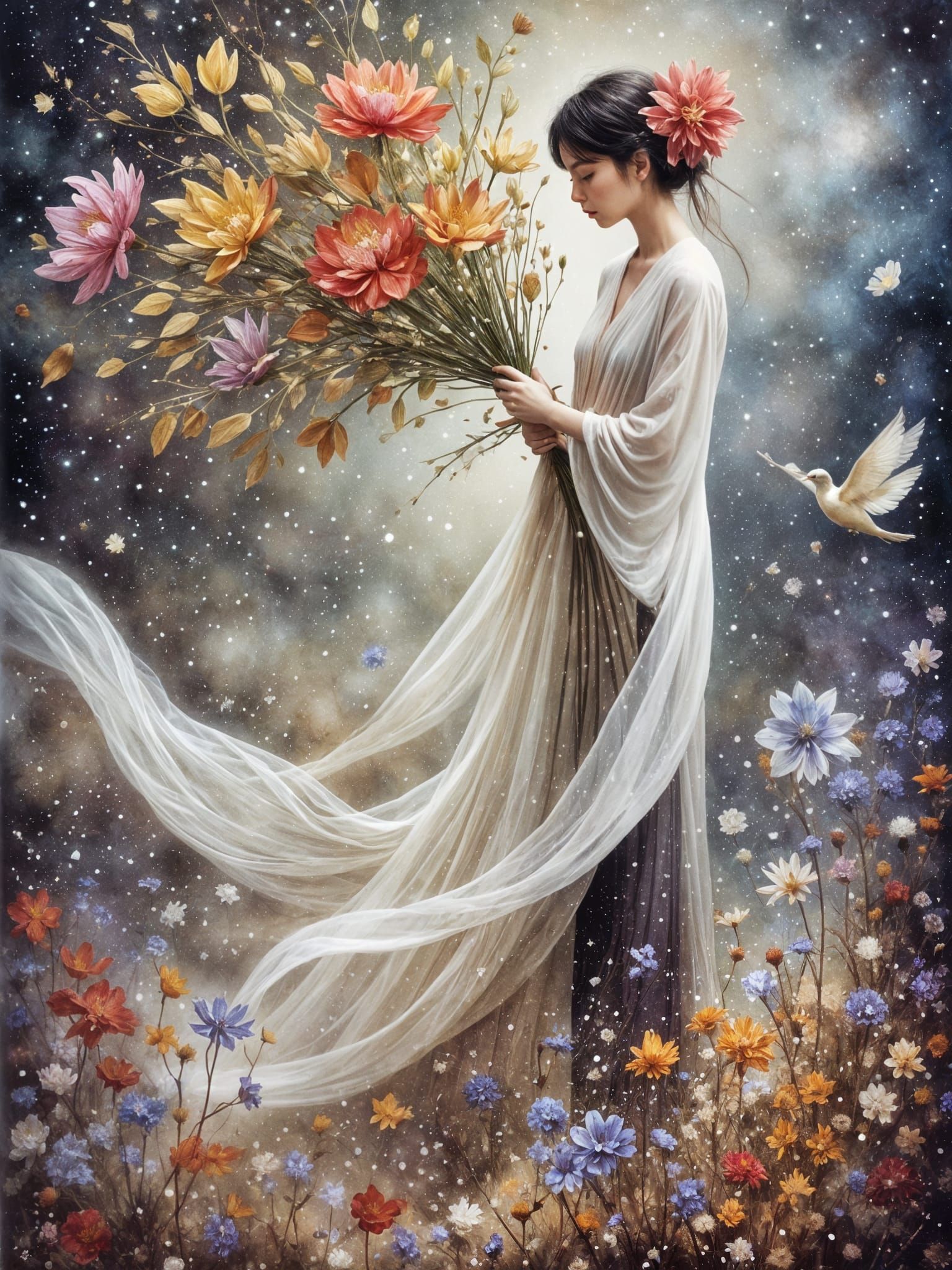 Dreamlike Woman with Bouquet in Spectral Mist