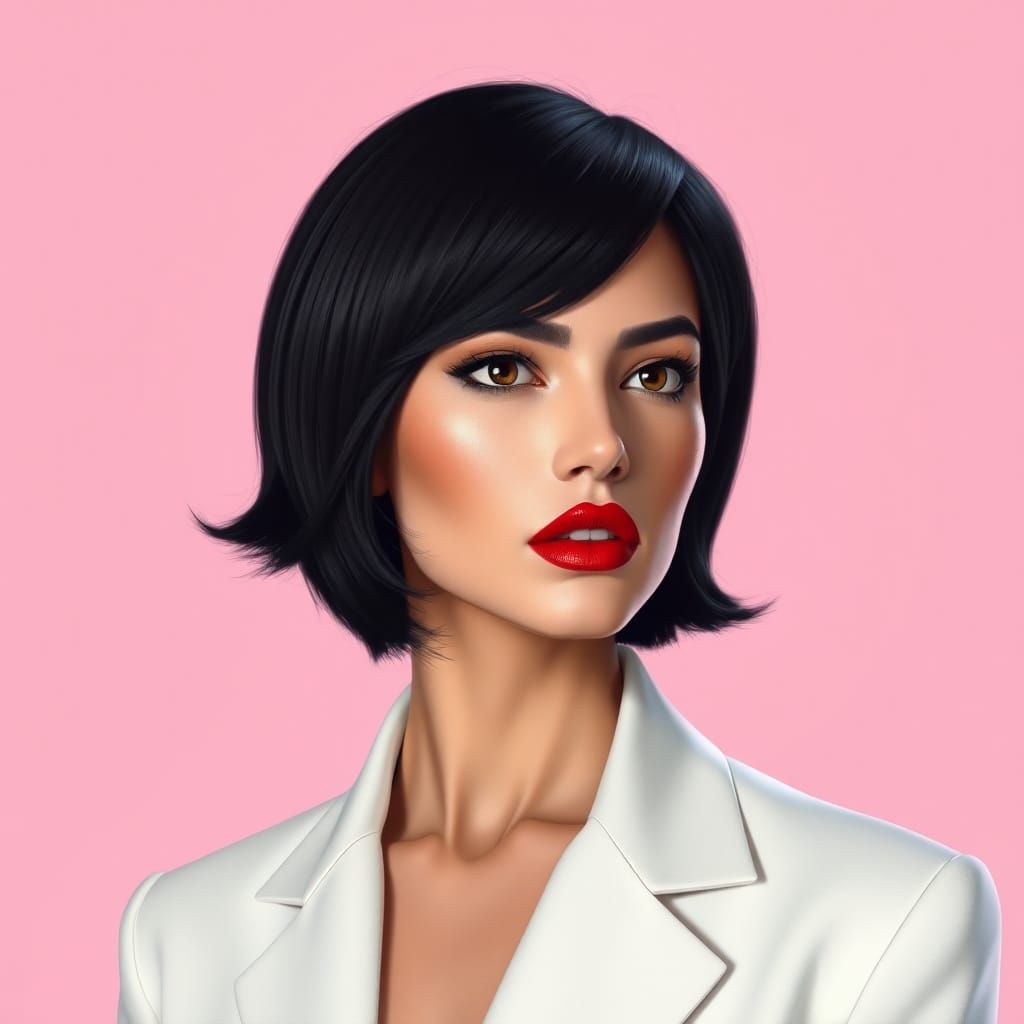 A striking Italian woman with short, jet-black hair wearing a crisp white blazer against a minimalist pastel background....