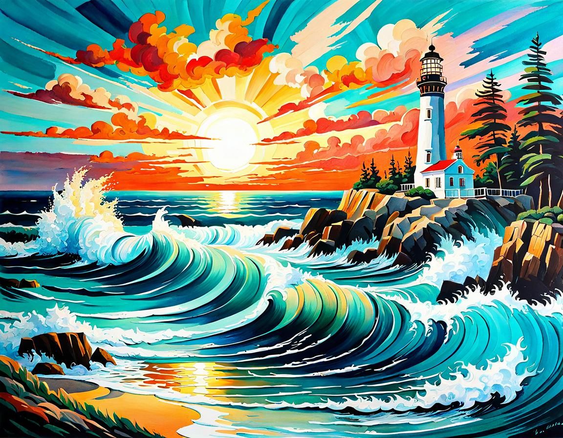 Seascape Sunset: Impressionist Gouache Painting with Lightho...