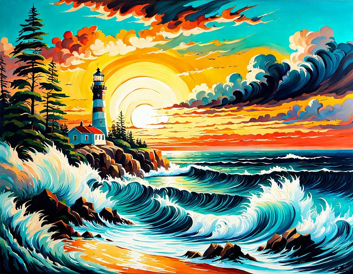 Seascape with Lighthouse: Impressionist Gouache Masterpiece