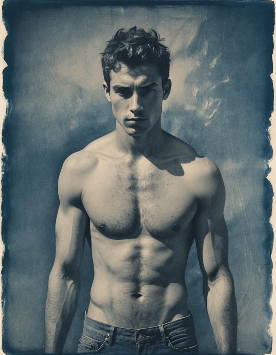 Cyanotype Portrait: Shirtless Man in Blue