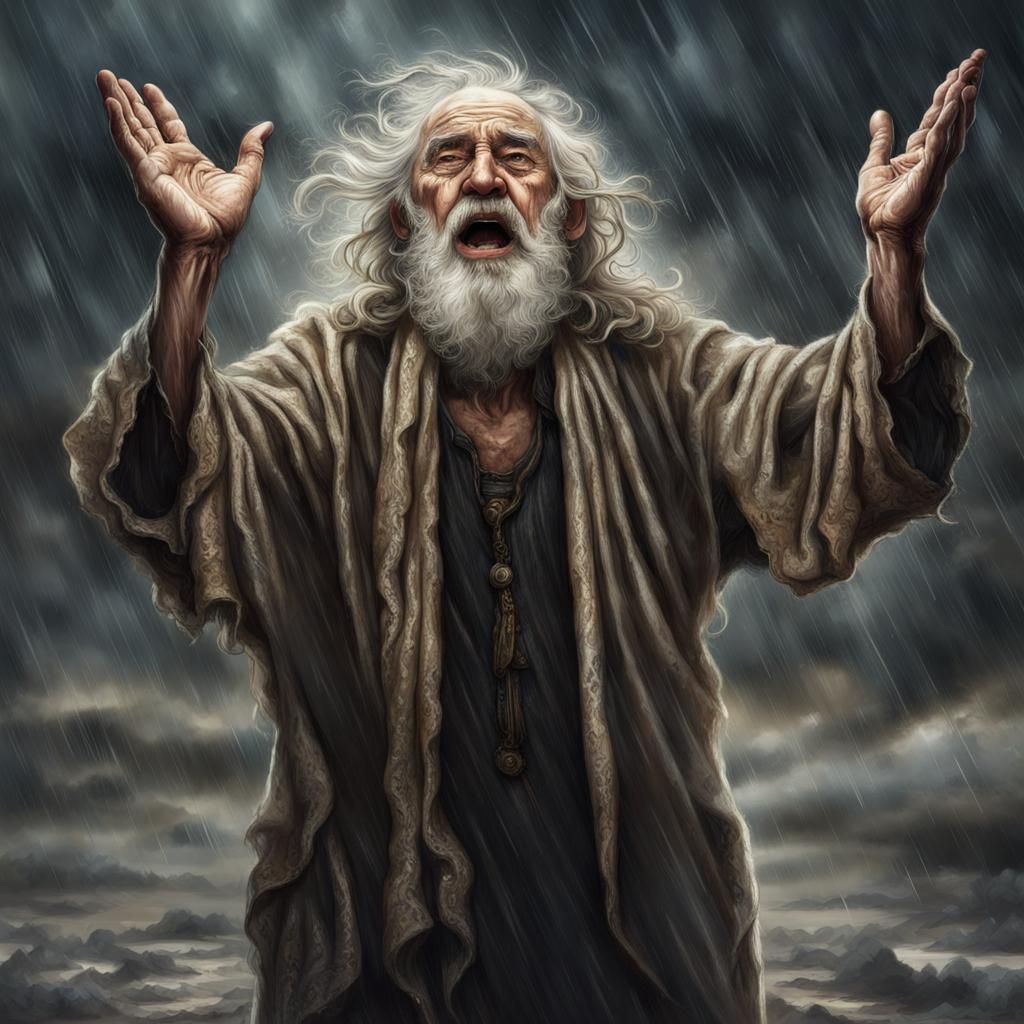 Distressed Old Man Crying in the Rain