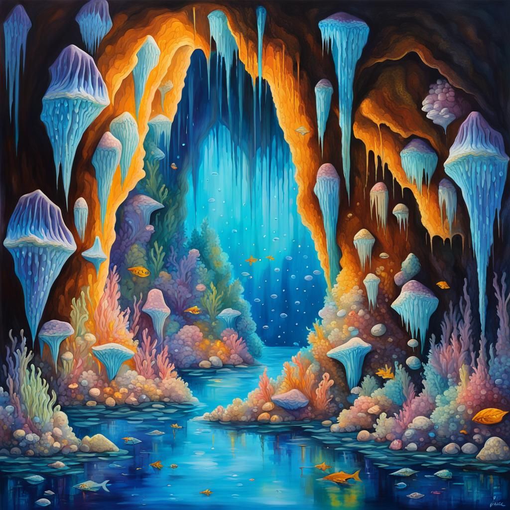 Luminous Underwater Cave with Jewels in Graffiti Art