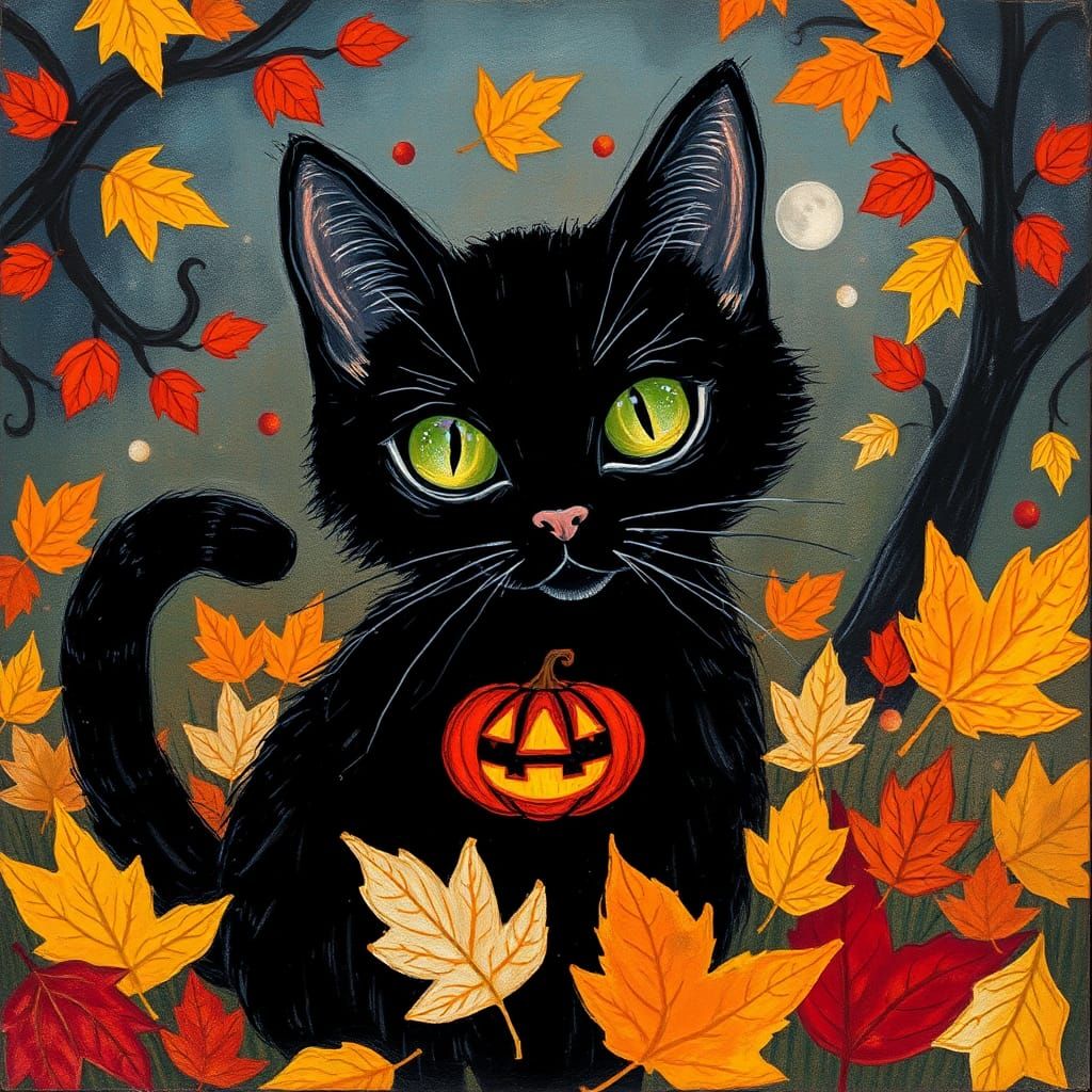 Black Cat in Surreal Autumn Landscape