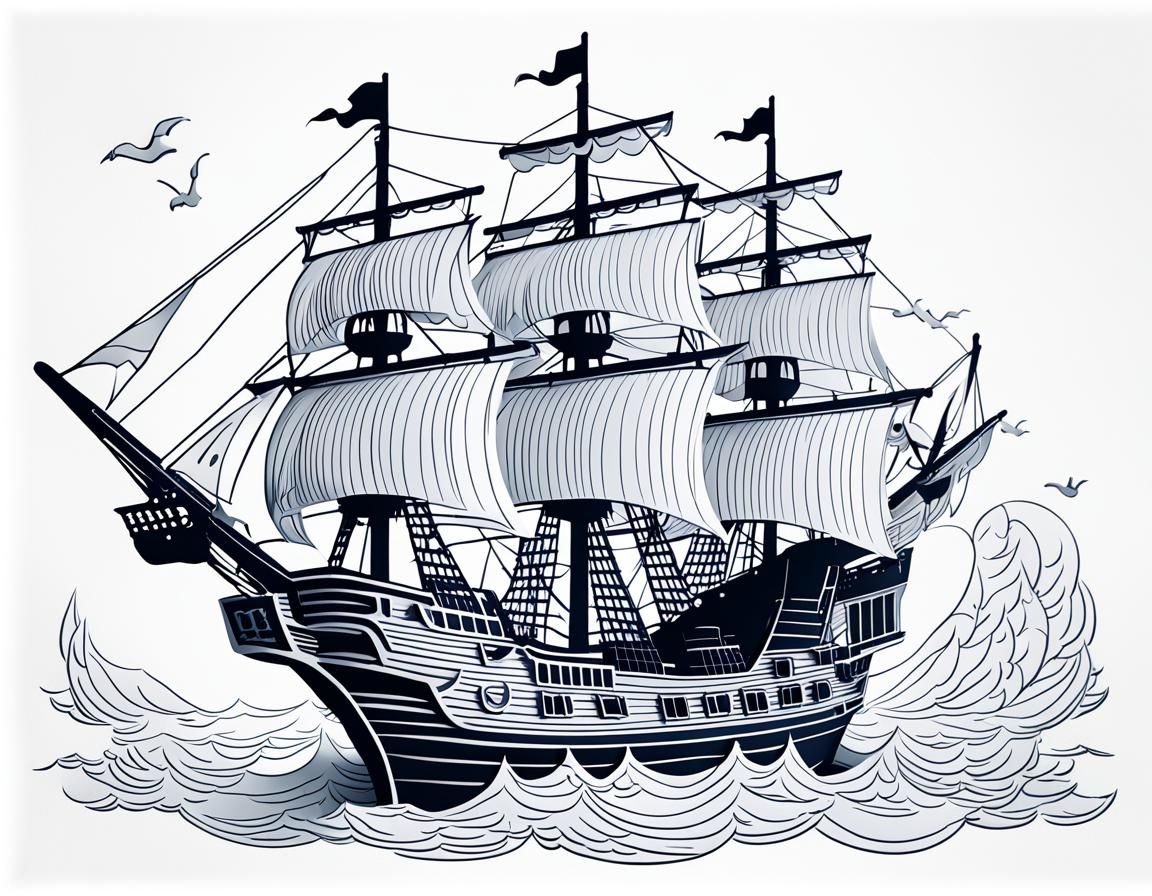 Pirate Ship in Kirigami Style Digital Art
