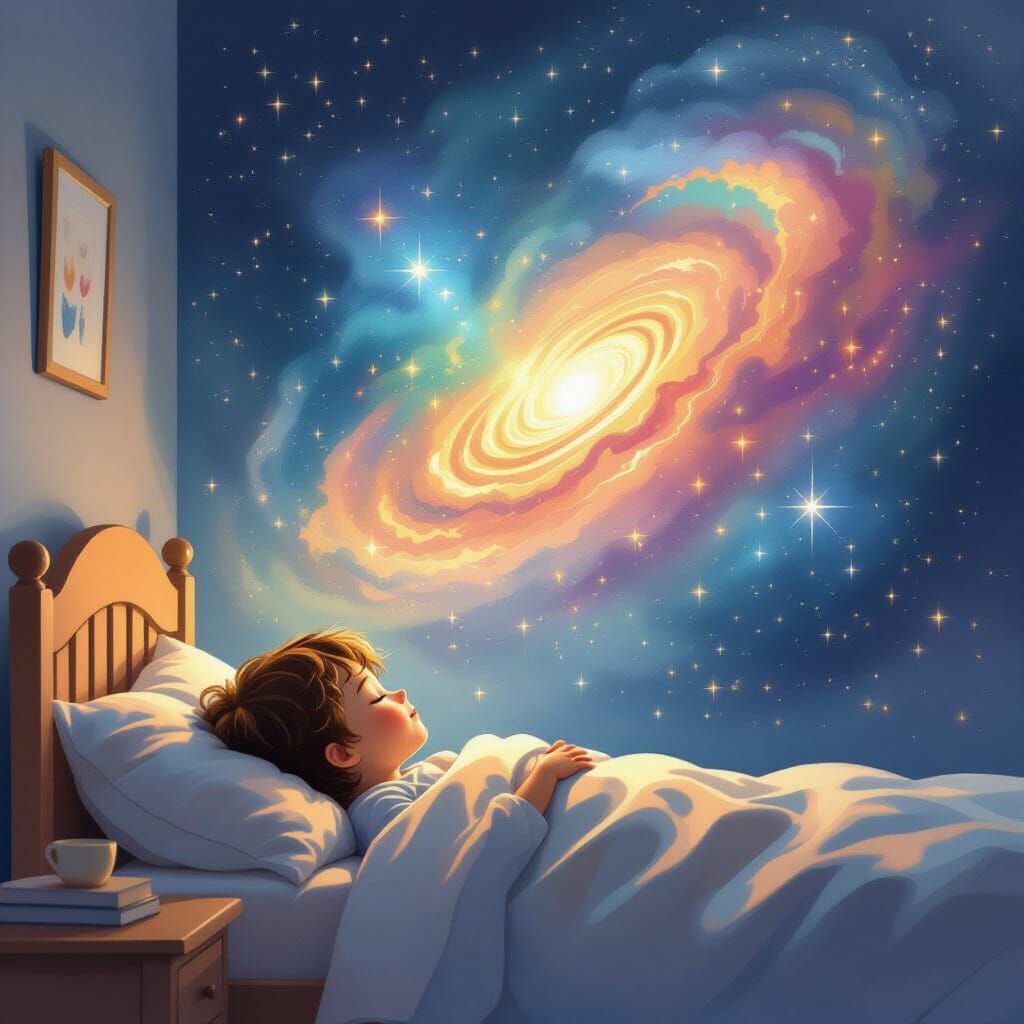 Child's Dreamscape: Ethereal Nebula Above Bed