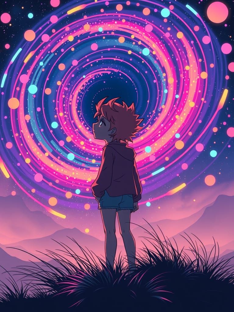 Anime Woman Gazing at Polka Dot Vortex