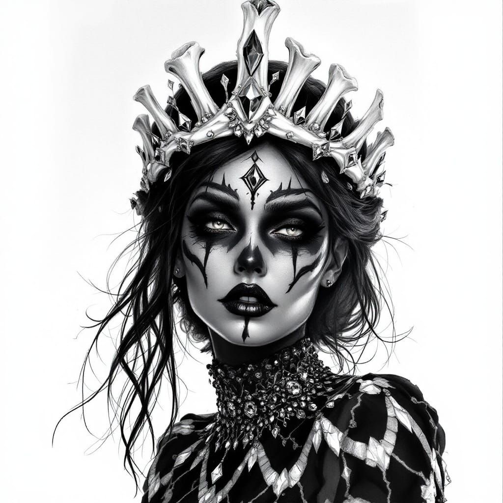 Gothic Lady with Bone Tiara in Charcoal Drawing