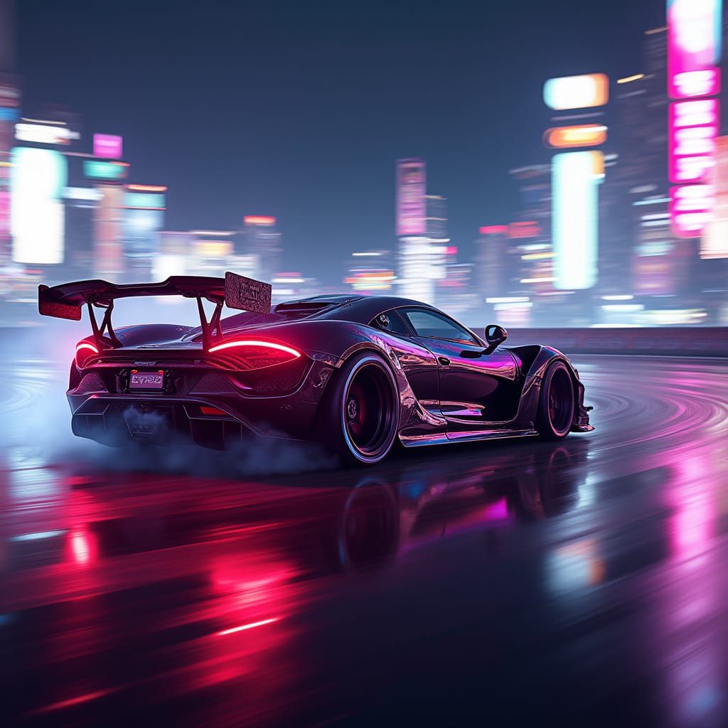 Super Car Speeds Through Tokyo Drift Track in Neon-Lit Futur...