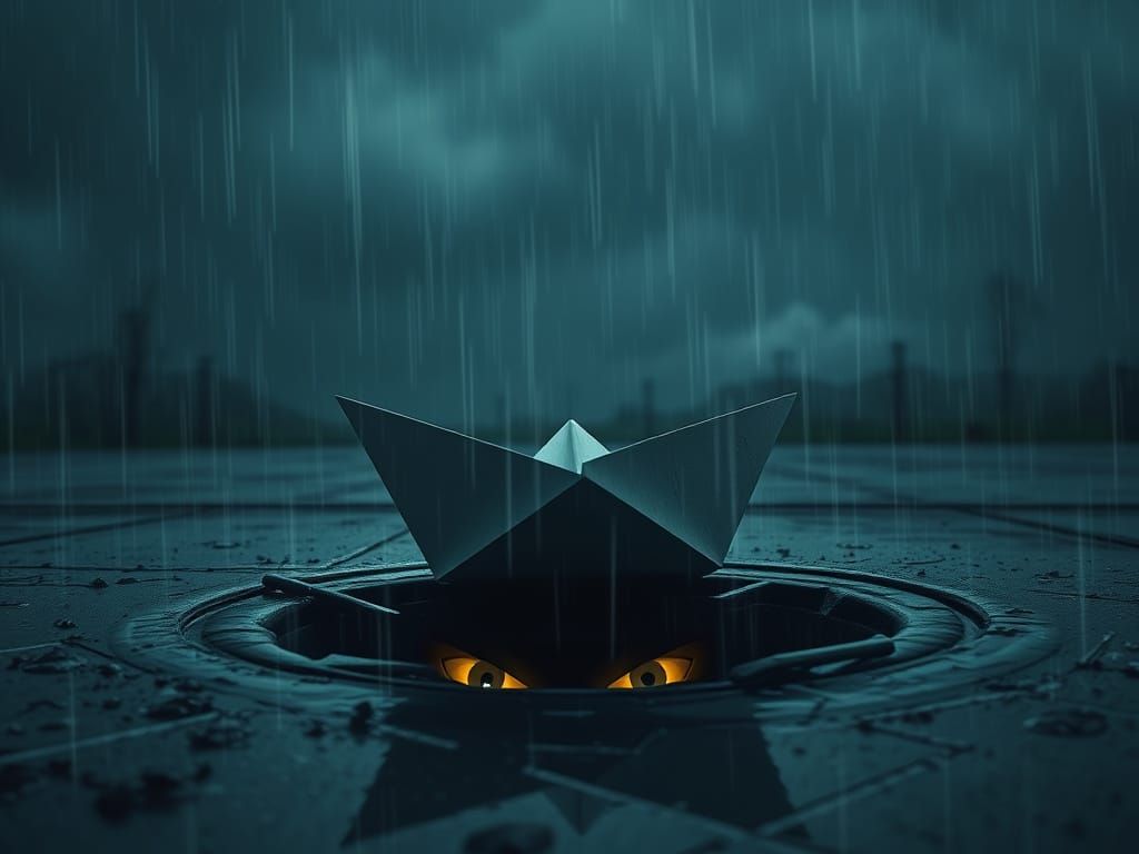 Ominous Paper Boat Drifting in a Gothic Horror Scene