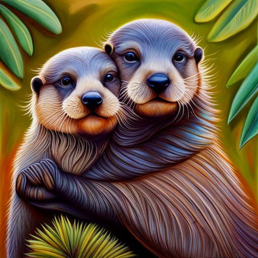 Two Otters Hugging in Colorful Chicano Style