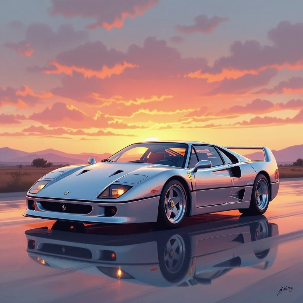 Silver Ferrari F40 Reflecting Dreamy Sunset