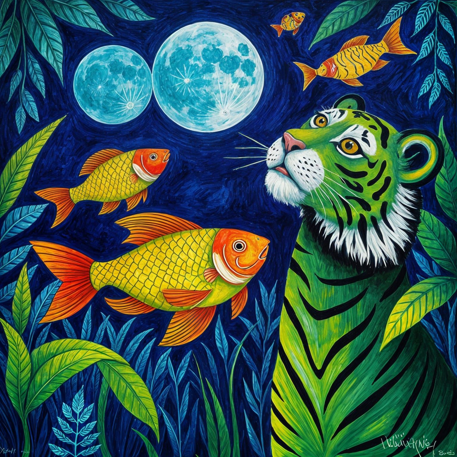 Vibrant Tiger Gazes at Indigo Moon with Falling Fish, in Whi...