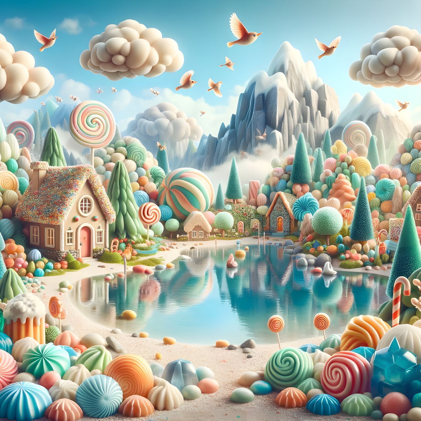 Whimsical Candy Landscape with Cotton Candy Clouds
