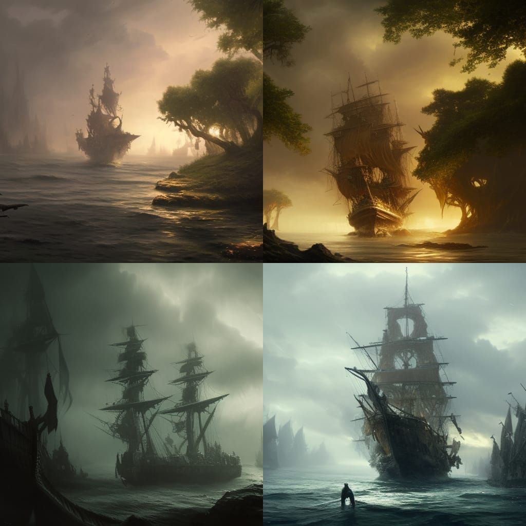 War Galleon in Mangrove Bay: Dark Fantasy Art